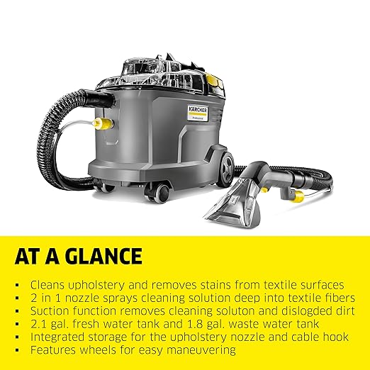 Kärcher Puzzi 8/1 C Commercial Carpet Extractor 12.5 PSI - Spot Cleaner, Stain Remover, Area Rugs, Car and Auto Detailing, Carpet and Upholstery Cleaner - Onboard Accessory Storage - 3.9 Gallon Tank