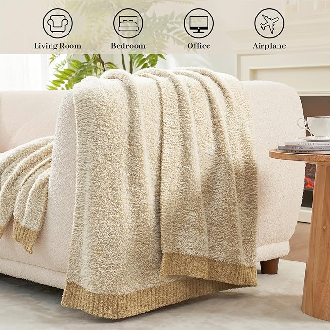 Amélie Home Knit Throw Blanket for Couch, Super Soft Fuzzy Cozy Throw, Giftable Knitted Blanket for Women Men, Birthday, Sofa Bed Living Room Decor, 50" x 60", Heather Beige