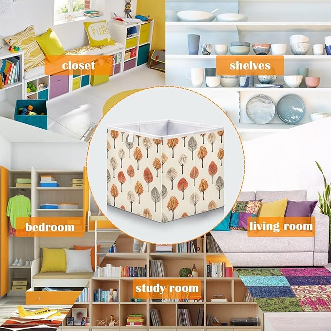 Bolaz Autumn Trees Pattern Closet Organizers Storage Cubes Storage Bins Shelf Baskets Containers for Home Room Office,Square