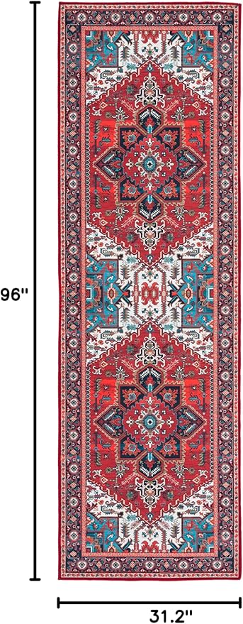 SAFAVIEH Washable Rug Tucson Collection - 2'6' x 8' Runner, Red & Blue, Slip Resistant & Easy to Clean, Ideal for Hallway, Foyer, Entryway, Bedroom (TSN101Q)