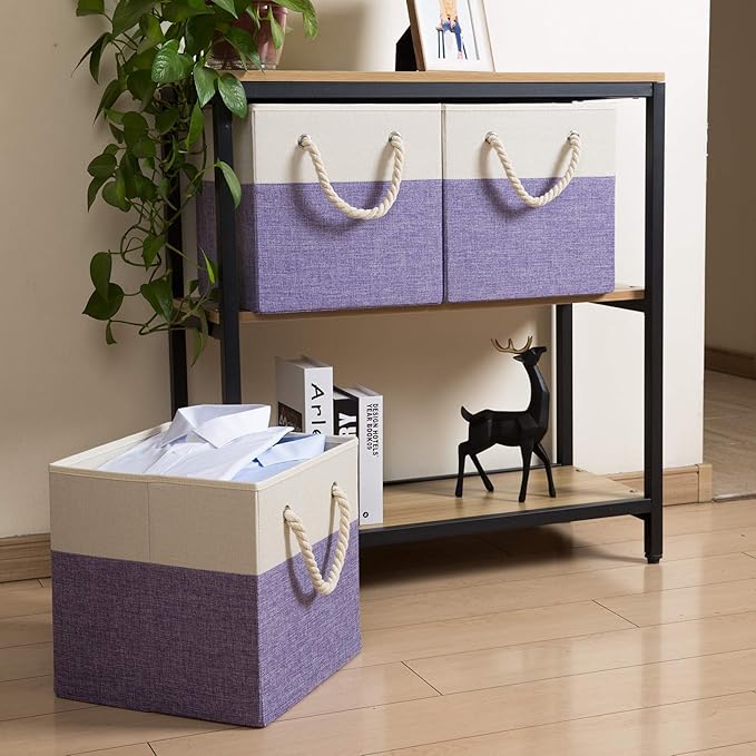 PRANDOM Large Foldable Cube Storage Bins 11x11 inch [2-Pack] Fabric Linen Storage Baskets Cubes Drawer with Cotton Handles Organizer for Shelves Nursery Closet Bedroom Purple