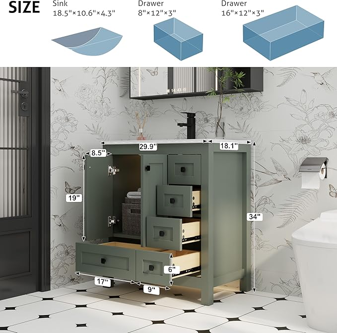 eclife 30" Bathroom Vanities with Sink Combo, Modern Thickened Wood Bathroom Storage Cabinet w/Undermount Sink, Matte Black Faucet Drain, Painted Surface, Green