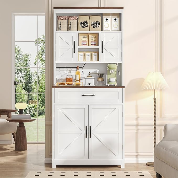 69.3" Tall Kitchen Pantry Cabinet with Door, Drawer and Storage Shelves, Large Storage Cabinet, Buffet Cupboard, Kitchen Hutch with Wide Countertop and Charge Holes for Home Office Use, White