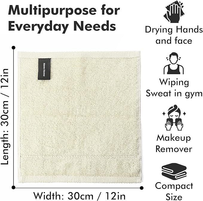 Face Towels Pack of 12 – 100% Cotton Wash Cloths (12x12 inch) – Soft, Quick Dry & Highly Absorbent Hand Towels for Bathroom, Spa, Gym, Kitchen and for Daily Use - (Ivory)