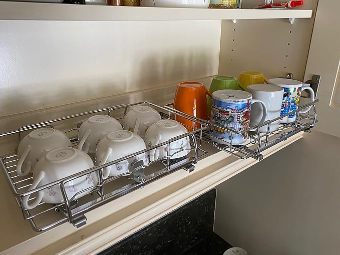 Origami 2 Pack Kitchen or Bathroom Chrome Plated Steel Sliding Pullout Drawer and Cabinet Organizer, Adjustable 10 Inch Width, Silver