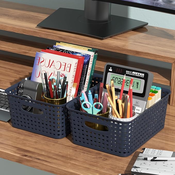 Sadstory Plastic Weave Storage Baskets, Plastic Organizer Shelf Basket, Navy-Blue, 12 Packs