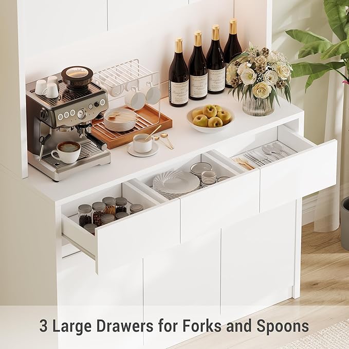 71" Tall Kitchen Pantry Cabinet, Adjustable Shelves & Doors and Three Drawers, Microwave Shelf, Coffee Bar with LED Lights & Charging Station, Corner Storage Hutch for Living Room, White