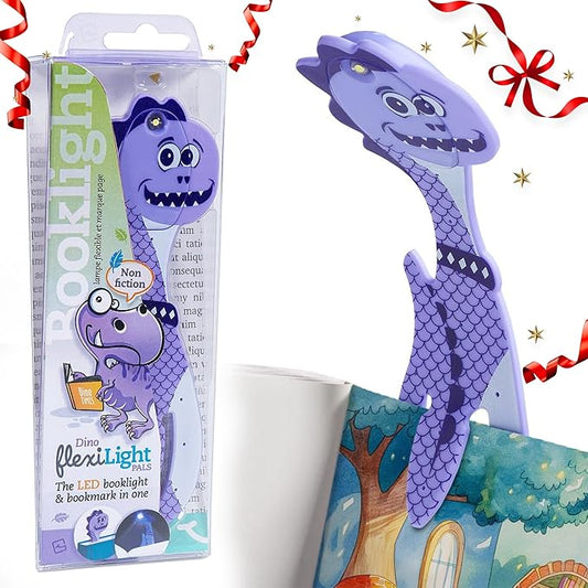 Gifts for Readers & Writers Book Light for Kids, Clip On Reading Light for Bed, 2in1 Flexilight Pals & Bookmark, Small & Lightweight with a Soft Glow, 2 Batteries Included, Dino Purple