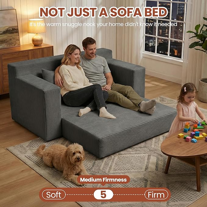 Convertible Sofa Bed, 5 In 1 Small Boneless Couch Pull Out Loveseat Sleeper Sofa,Corduroy Futon Couch Folding Mattress with 4 Pillows for Living Room Bedroom Lounge (No Assembly) (Gray, 58Inch)