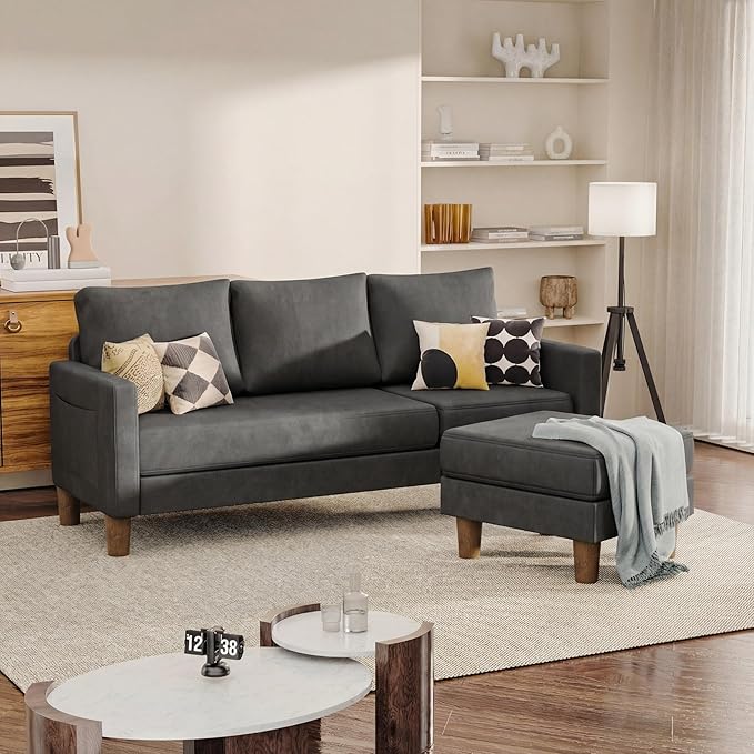 JUMMICO L Shape Sectional Sofa Couch, 3 Seat Convertible Sofa with Movable Ottoman and Side Storage Pockage, Modern Sofa Small Couches for Living Room & Apartment and Small Space (Linen, Deep Grey)