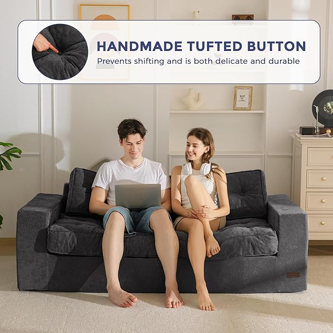 MAXYOYO Boneless Sofa Couch, 75" Oversized Loveseat Sofa, Tufted Floor Couch Bean Bag Chair for Living Room Bedroom Apartment, Sofa in a Box, No Assembly Needed, Dark Grey