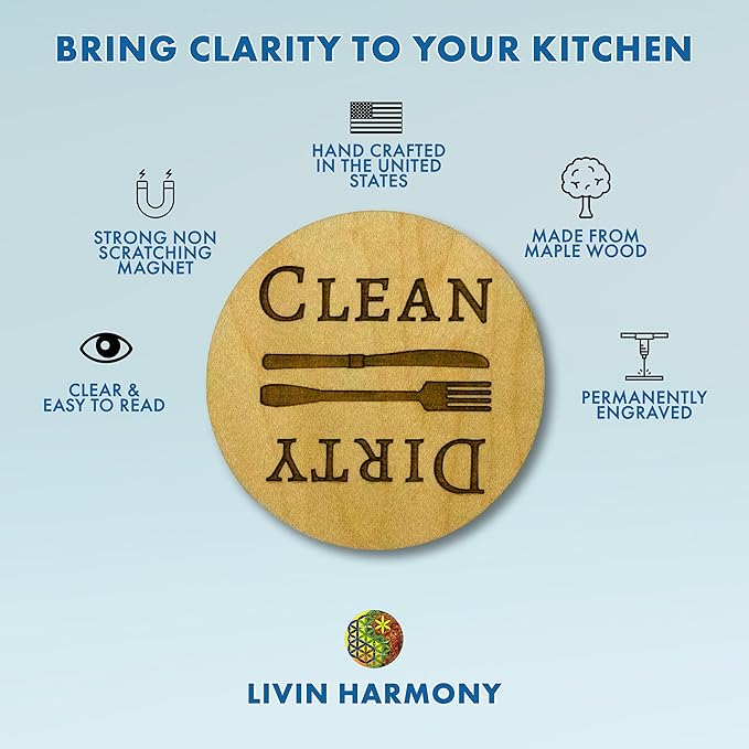 Dishwasher Magnet Clean Dirty Sign Maple Wood Non Scratching Easily Rotate - Clean and Dirty Dishwasher Magnet Sign for Dish Washer - Apartment Essentials New Home Move in Gift - 2.5 Inches