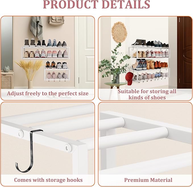 4 Pack Expandable Wall Mounted Shoe Rack, 17"-30"Adjustable Hanging Shoe Rack Holds 24 Pairs, Heavy Duty Metal Shoe Racks Holder with 8 Storage Hooks, Space Saving for Entryway Closet Doorway（White)