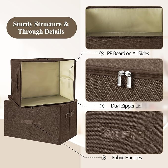 ANMINY 2PCS Storage Bins with Zipper Lids 51.9 Qt Lidded Fabric Storage Boxes Baskets Cubes with Handles Collapsible Washable Cotton Linen Closet Shelf Clothes Organizer - Coffee, Extra Large