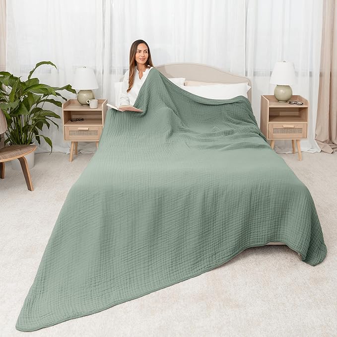 Comfy Cubs Muslin Blanket for Adults Queen 90" x 90" - 6 Layer Soft, Breathable & Lightweight Muslin Adult Blanket - Machine Washable & Designed in The US Bedding for All Seasons - Fern