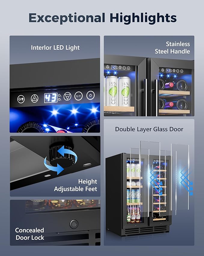 Wine and Beverage Refrigerator, 24 Inch Built-In Wine Fridge with Glass Door, Holds 20 Wine Bottles & 60 Cans, Under Counter Refrigerator with Quiet Cooling System & Blue LED Light(Black)