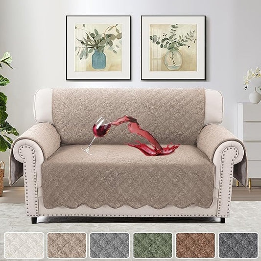 H.VERSAILTEX Waterproof Quilted Couch Covers Non Slip Sofa Covers Protector Slipcovers for Dogs Couch Covers for 2 Cushion Couch Sofa Pet Furniture Protector Modern Fleece Fabric (Loveseat,Taupe)
