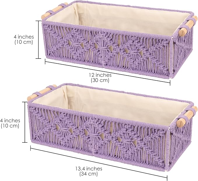 Purple Macrame Storage Baskets, Boho Woven Decor Organizer for Countertop Toilet Tank Shelf Cabinet Bathroom Living Room Entryway (Set of 2)