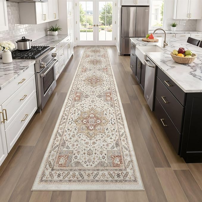 Vintage Hallway Runner Rug 2x10: Large Soft Washable Entryway for Kitchen Laundry Room Non-Slip Backing Runner for Entrance Living Room Bedroom Bathroom - Orange