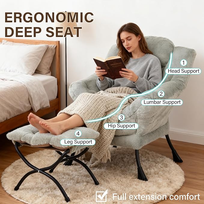 Welnow Lazy Chair with Ottoman, Modern Lounge Accent Chair with Armrests and a Side Pocket, Leisure Sofa Armchair, Reading Armchair with Footrest for Small Space, Plush Green