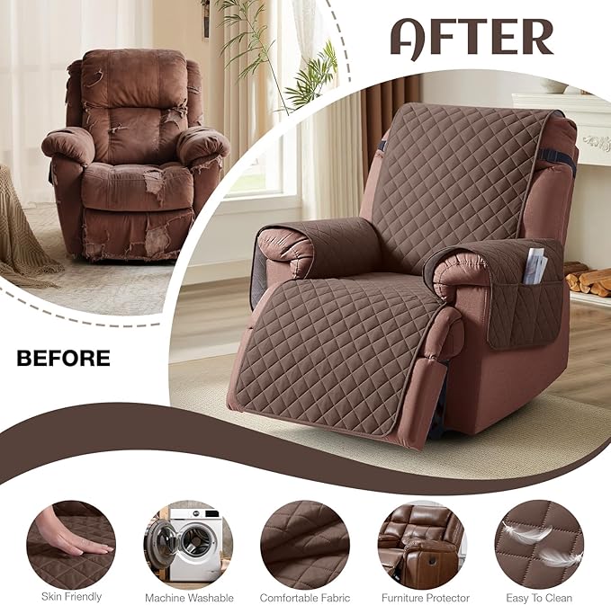 KinCam 100% Waterproof Recliner Chair Cover, Reclining Couch Covers for Pets, Dogs, Recliner Couch Slipcover Furniture Protector with Elastic Straps for Kids(23.6", Deep Brown)