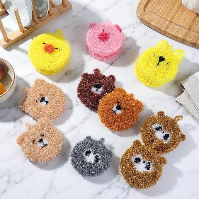 16 Pcs Dish Scrubber Non Scratch Dish Washing Scrubbers Reusable Household Cleaning Kitchen Tools for Dishwashing Washing Dishes Cookware Tubs Sinks (Animal)