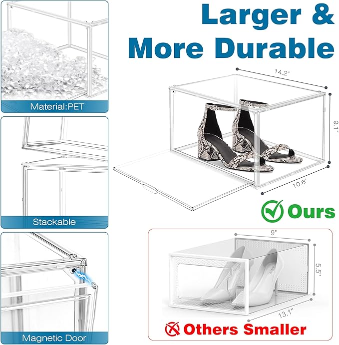 10 Pack Acrylic Shoe Box Size 14, X-Large Clear Purse Bag Organizer for Closet 14.1'' x 8.9'' x 10.6'' Transparent Handbag Storage Box, Acrylic Display Case for Shoes, Purses, Wallets & Bags