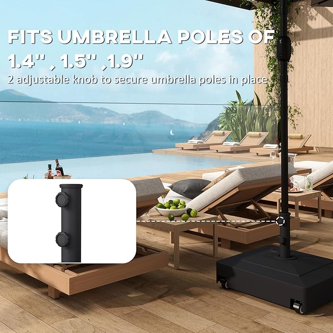 Outsunny Outdoor Umbrella Stand Base with Wheels, Heavy Duty Patio Umbrella Base Holder, Filled Up to 134 lbs with Stand or 88 lbs with Water for 1.38", 1.5", 1.89" Poles for Garden, Poolside, Black