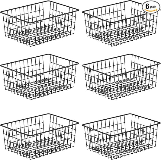 Extra Large Wire Baskets 6 Pack, Sturdy Metal Basket Storage Bin with Handle, Pantry Organization for Kitchen Cabinet, Black