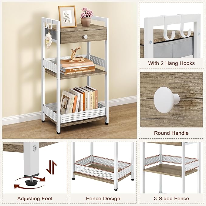 FAVOOSTY 3-Tier Bathroom Ladder Shelf Floor Storage Shelf with Drawer Freestanding Shelving Unit Bookcase End Table for Bathroom Living Room,Balcony-White