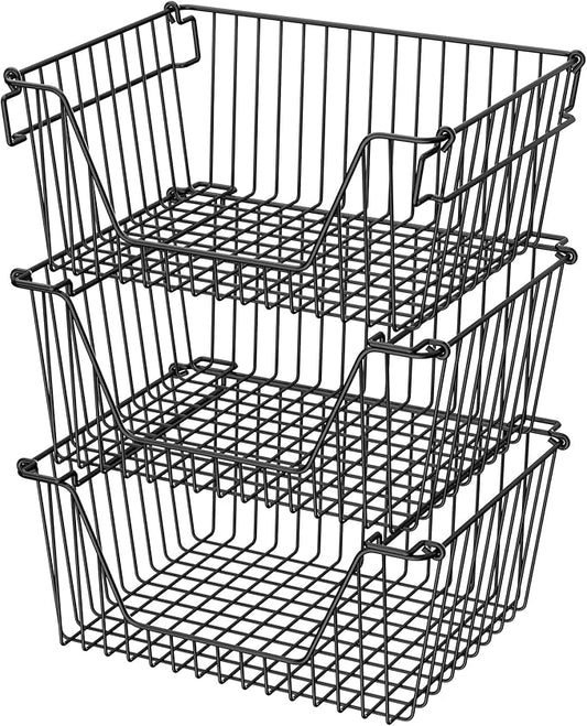 Stackable Wire Metal Baskets Sturdy Cabinet Organizer Wire Pantry Freezer Bin with Handle for Kitchen Fruit Vegetable Organization, Black, 3Packs