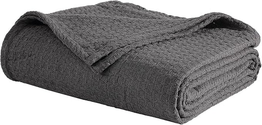 Beatrice Home Fashions Grand Hotel Lightweight All-Natural 100% Cotton Waffle Weave Blanket, Full/Queen, Dark Gray