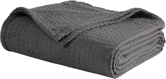 Beatrice Home Fashions Grand Hotel Lightweight All-Natural 100% Cotton Waffle Weave Blanket, Twin, Dark Gray