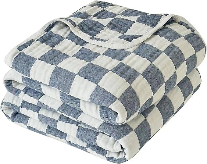 Ultra Soft Cozy 6-Layer Checkered Muslin Blankets for Adults 100% Cotton King Size 90"x104" Bed Blanket Breathable Lightweight Suitable for All Seasons Both Sides Blue