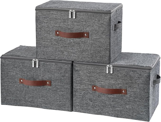 Storage Bins with Zipper Lid and PU Leather Handle 3 Pack Cotton Linen Fabric Lidded Storage Boxes Baskets Washable Collapsible Shelf Closet Organizer Container(Updated Gray, Large Size)