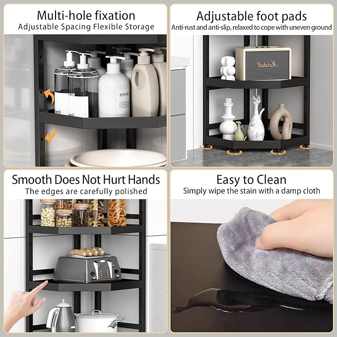 6 Tier Standing Corner Shower Caddy,Waterproof and Rust Proof,Adjustable Height,Multi-functional Tiered Storage for Shower Gel,Shampoo,Cosmetics,Kitchen Supplies,Black