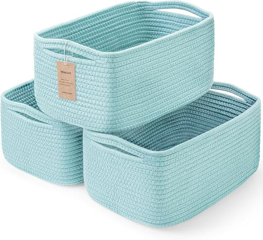 3-Pack Storage Baskets for Organizing | Woven Shelf Toy Basket | Rope Baskets for Gifts Empty | Closet Organizer Bins with Handles | Cube Decorative Box | 13.7×7.1×6.7” | Light Blue