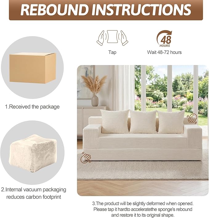 78" Convertible Sofa Bed, Foldable Floor Couch Futon Sofa,High-Density Sponge Boneless Couch, 3 Seater Sleeper Couch with 3 Pillows for Living Room Bedroom Lounge (Beige)