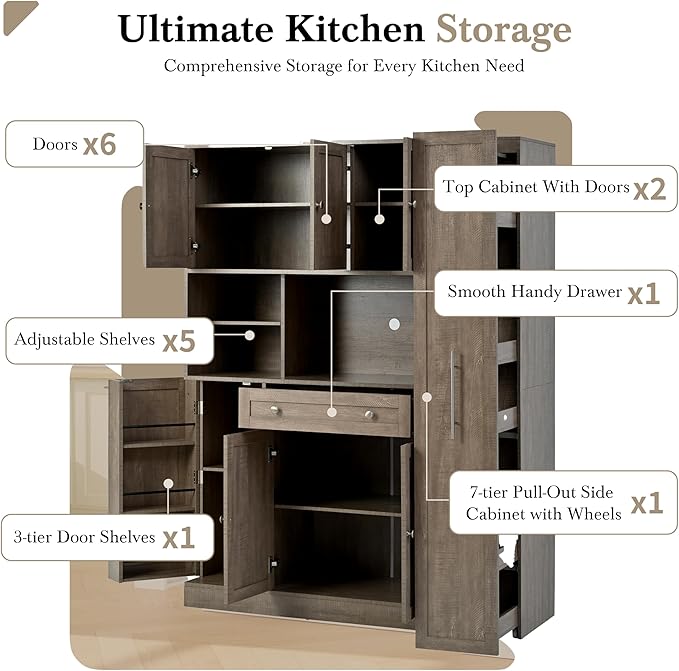 Large Kitchen Pantry Cabinet 52.8Wx17.7Dx70H inch, Freestanding Buffet with Hutch,Storage Cabinets Cupboard w/Pull-Out Side-Cabinet+ Door Shelves and Drawer, Brown