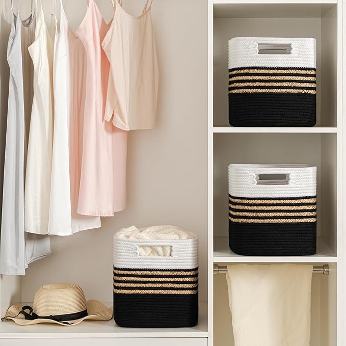 UBBCARE Set of 3 Storage Cubes 11 X 10.5 X 10.5 in, Water Hyacinth Storage Bins for Shelves, Toys, Book, Storage Baskets with Handles, Cotton Rope Woven Baskets for Organizing, Black