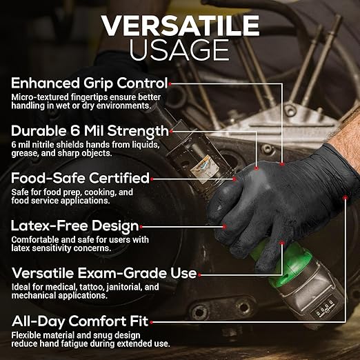 First Glove Volt 6 Mil Black Nitrile Disposable Gloves - 100 Count Medium - Food Safe Heavy Duty Gloves for Cooking, Cleaning, Industrial & Food Service - Latex Free, Powder Free, Micro-Textured Grip