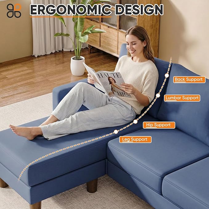 JUMMICO L Shape Sectional Sofa Couch, 3 Seat Convertible Sofa with Movable Ottoman and Side Storage Pockage, Modern Sofa Small Couches for Living Room & Apartment and Small Space (Linen, Blue)