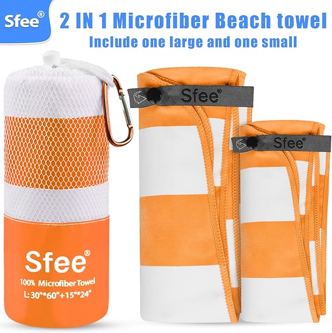 2 in 1 Microfiber Beach Towel, Quick Dry Towel Camping Travel Towel Super Absorbent Compact Lightweight Sports Gym Towel Set for Beach, Gym, Hiking, Pool, Backpacking, Bath, Yoga