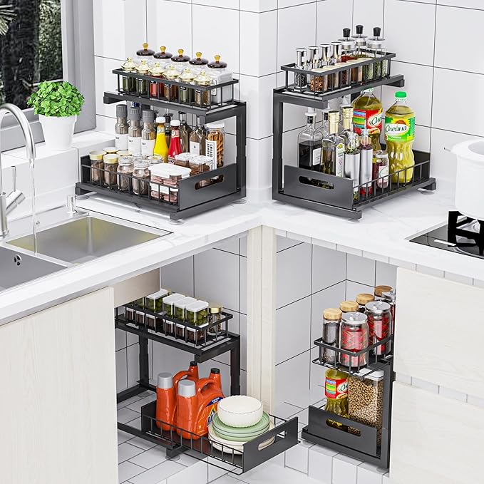 Under Sink Organizer, Heavy Duty Metal Slide Out Sink Shelf Organizer Height Adjustable, Multi-Purpose Storage Shelf for Kitchen Bathroom (Black,2Pack)