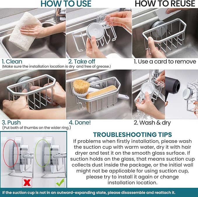 TAILI Sponge Holder for Kitchen Sink with Strong Suction Cup Removable, Rustproof Aluminum Sink Caddy for Sponge, Brush, Scrubber, Scraper -Silver