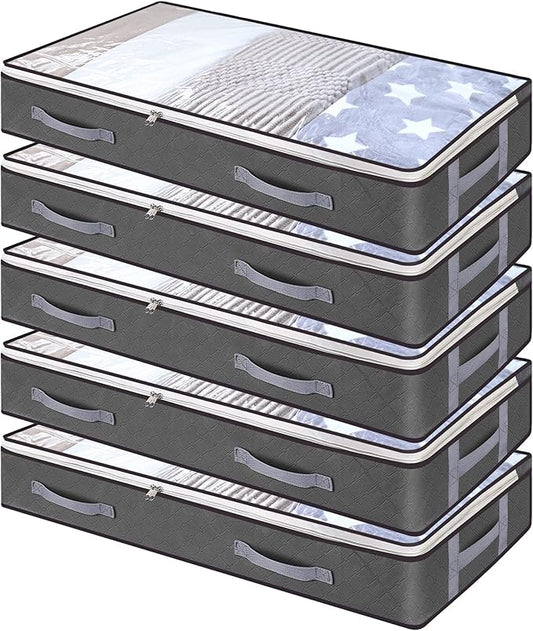 5 Pack Underbed Storage Bags 75L Foldable Clothes Bag Large Capacity Storage Containers with Clear Window Reinforced Handles Zippered Organizer Non-Woven for Comforter Blanket Bedding
