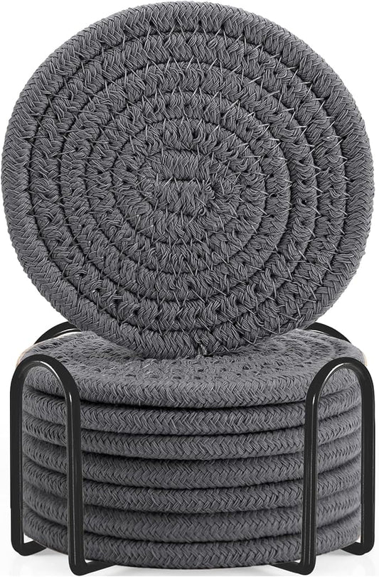ABenkle 8 Pcs Drink Coasters with Holder, Cotton Woven Absorbent Coasters for Drinks, Minimalist Home Decor Coaster Set for Wooden Tabletop Protection Table, 4.3 inches Grey