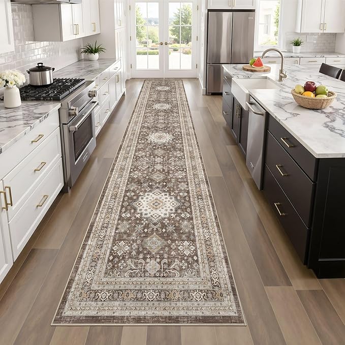 Vintage Hallway Runner Rug 2x8: Large Soft Washable Entryway for Kitchen Laundry Room Non-Slip Backing Runner for Entrance Living Room Bedroom Bathroom - Dark Brown