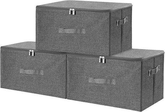 ANMINY 3PCS Storage Bins with Zipper Lids 36 Qt Lidded Fabric Storage Boxes Baskets Cubes with Handles Collapsible Washable Cotton Linen Closet Shelf Clothes Organizer Containers - Gray, Large