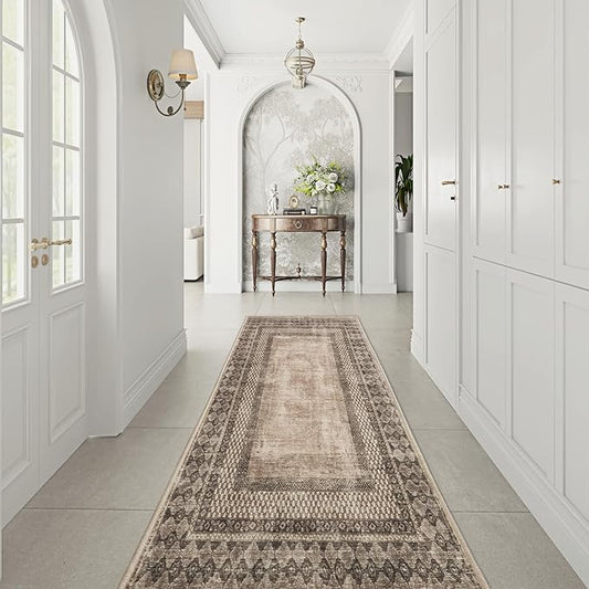 NICETOWN 2'x 8' Brown Runner Rug for Hallway, Machine Washable Thin Non-Slip 2x8 Kitchen Rug Soft Foldable Tribal Bordered Indoor Mat Carpet for Kitchen Laundry Room